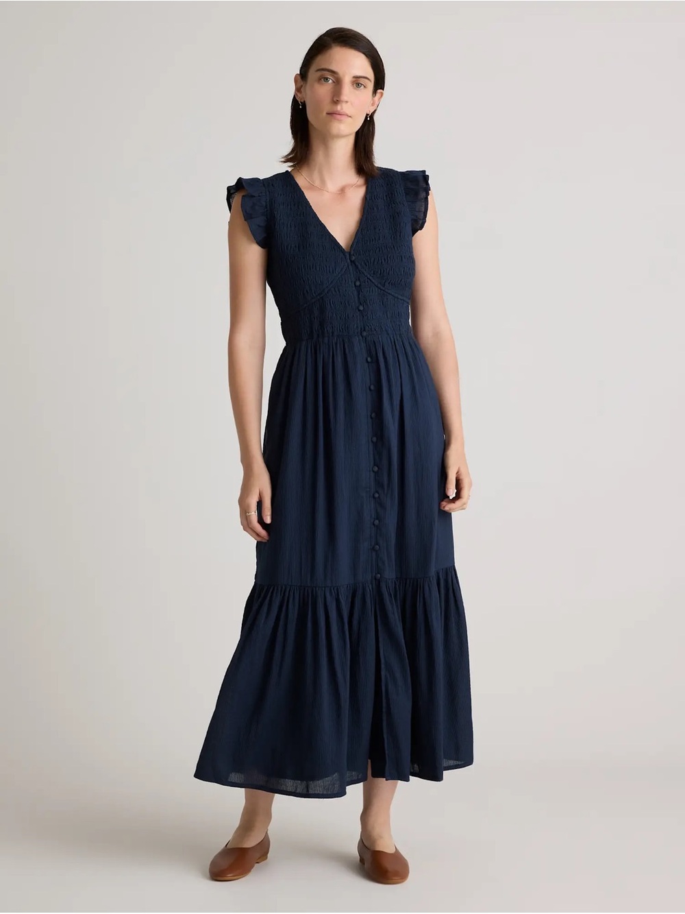 Quince Cotton Smocked V-Neck Midi Dress